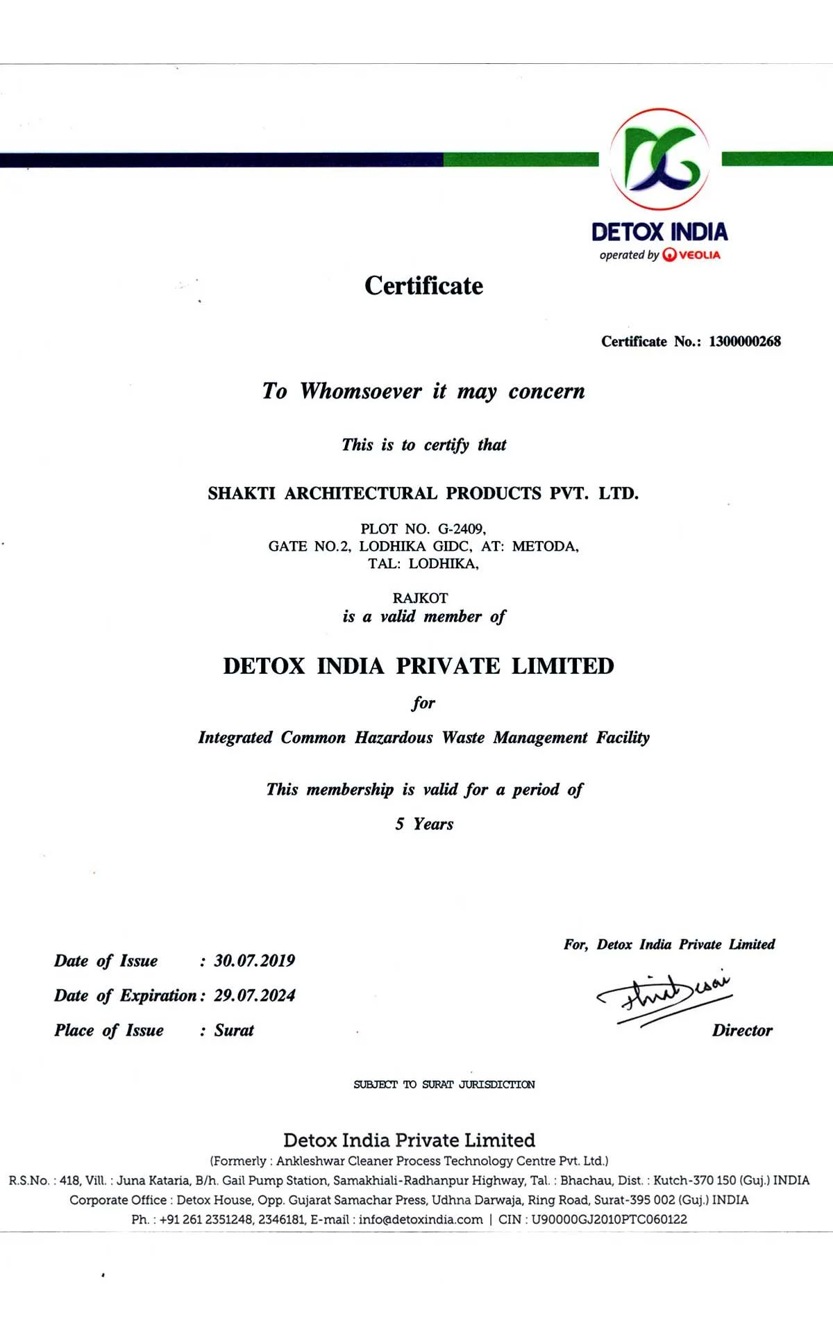 Detox India Environmental Membership Certificate